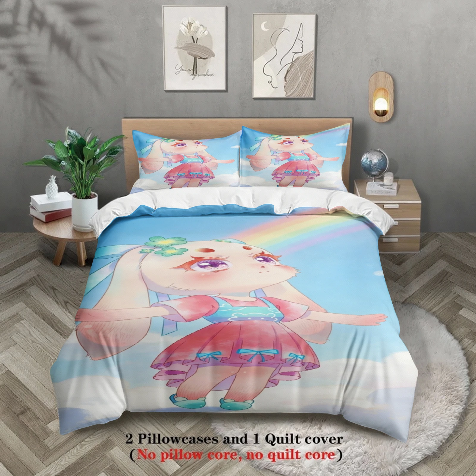 Softville Cozy Town 3PCS Bedding Sets Lop Rabbit Rainbow Cloud Printed Duvet Cover No filling Cartoon Style Queen King Size