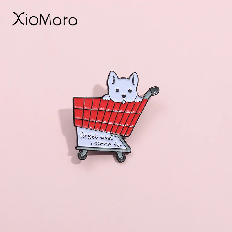 Forgot What I Came For Enamel Pins Custom Shopping Cart Husky Brooches Lapel Badges Cartoon Animal Jewelry Gift For Kid Friends