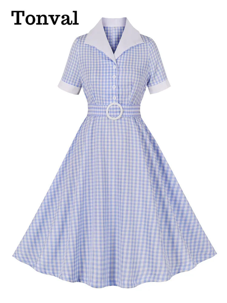 Botões de gola de contraste feminino, vestido vintage, elegante, retrô, azul e branco, xadrez, baile de final de noite, anos 50