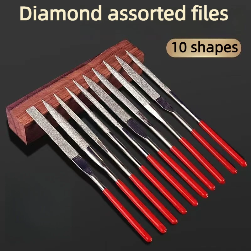 

10Pcs Electroplated Diamond File Set with Red Handle, Flat & Round Assorted Diamond Files for Jewelry Metal Grinding Polishing