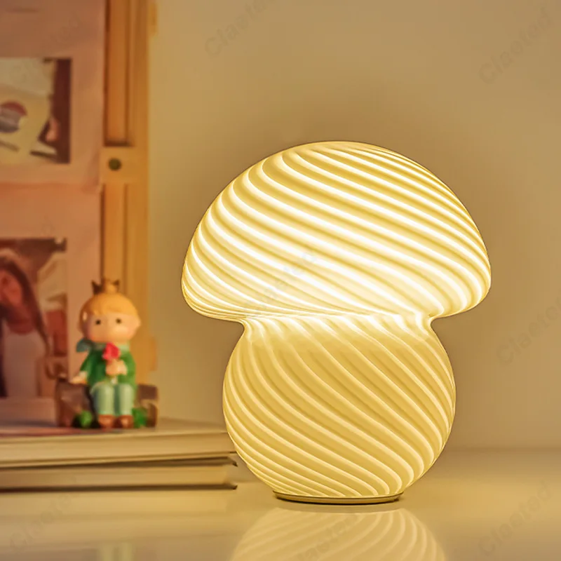 Creative and Minimalist LED Glass Mushroom Table Lamp Bedroom Sleep Bedside Lamp Ambient Decorative Lighting