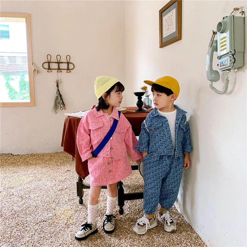 Autumn Spring Baby Boys Girls Denim Suits Brother Sister Matching Outfits Fashion Print Wearing