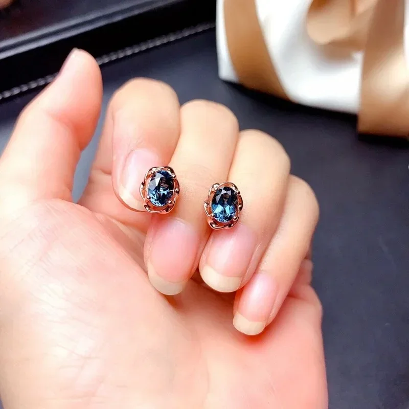 Natural Bule Topaz Stud Earring for Women 925 Sterling Silver JewelryvLuxury Female Blue Sapphire Oval Earrings