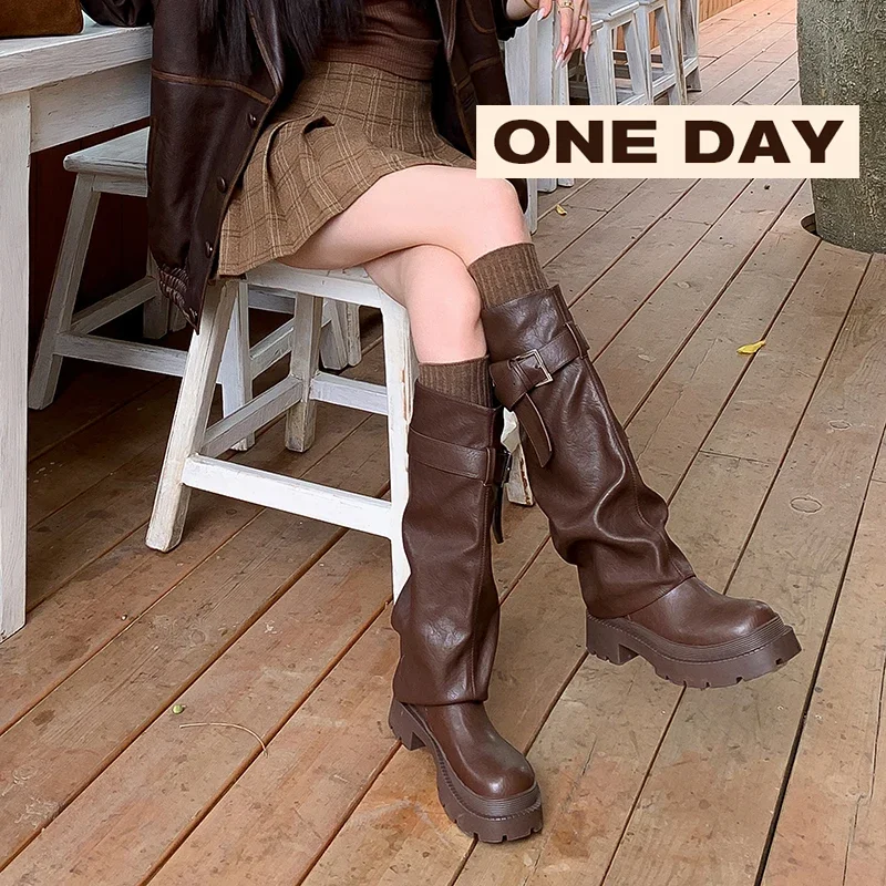 2026 new autumn winter women knee-high boots natural leather 22-24.5cm cowhide+microfiber belt buckle pants boots long boots
