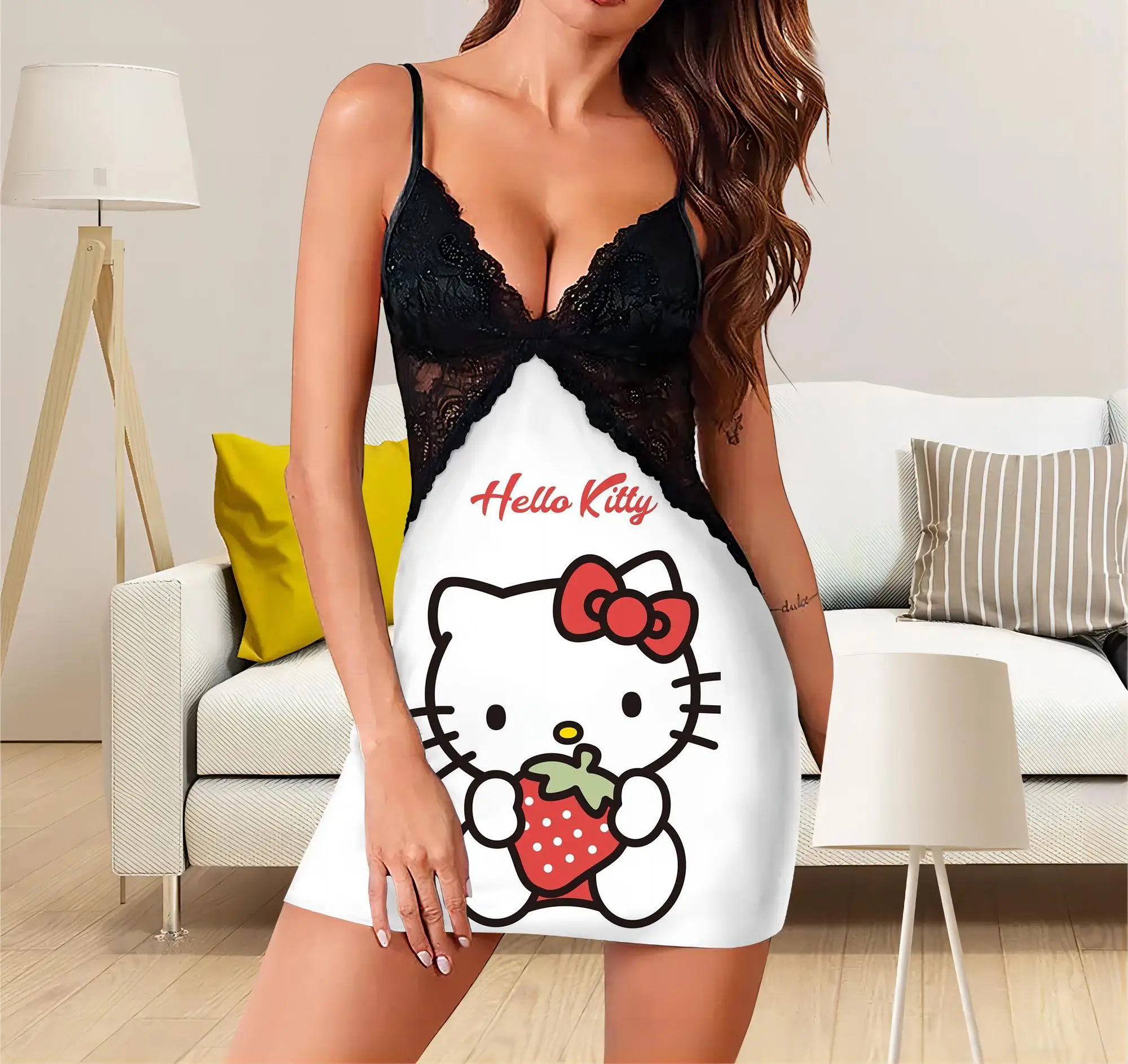 Kanten jurk off-shoulder pyjamaverok damesjurken Hello Kitty mode zomer 2024, korte sexy elegante chique bodycon onderjurk