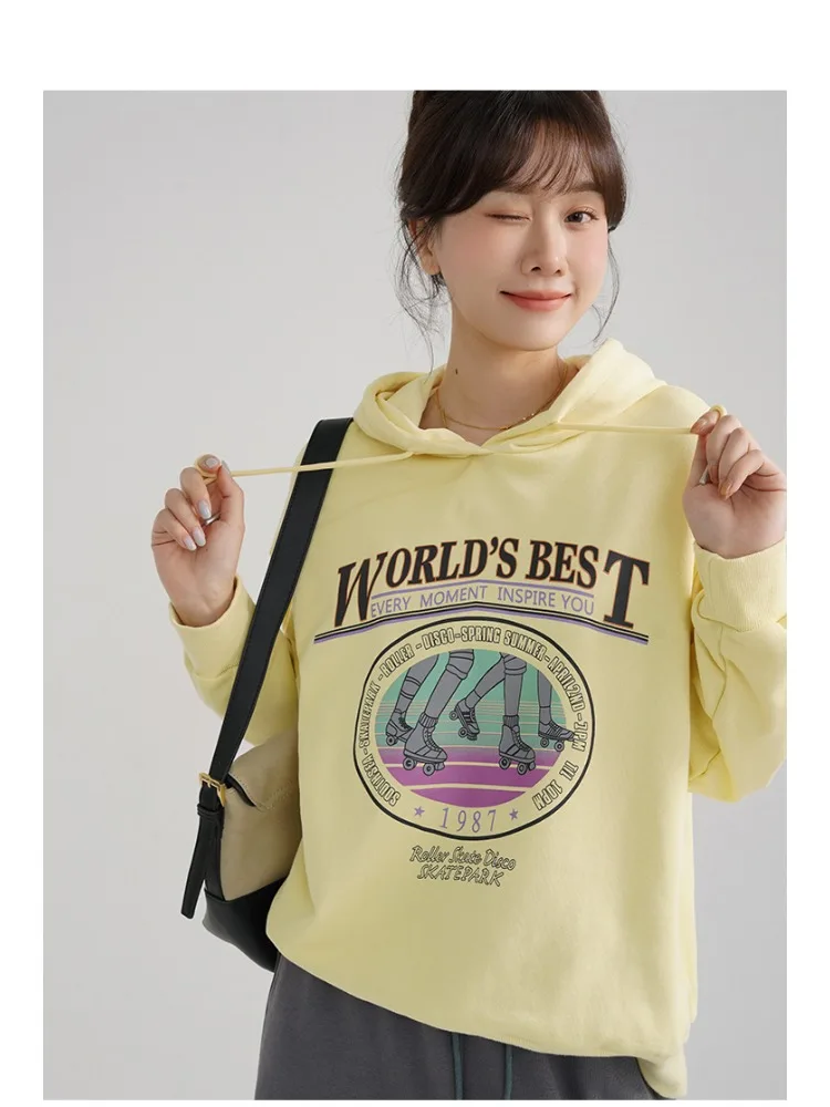 Loose Fit Graphic Hoodie Women Casual Pullover Sweatshirt Letter Print Drop Shoulder American Style Hooded Top Spring Streetwear