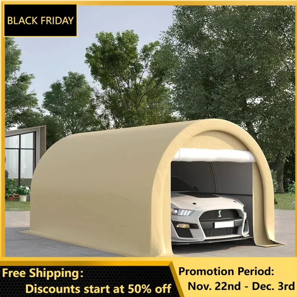 Carport, 10' x 16' Heavy Duty Portable Garage Storage Tent with Large Zipper Door, UV Resistant PE Awning, Beige Carport