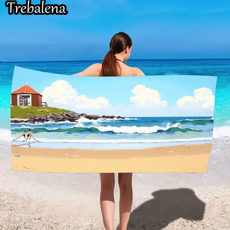 

30*60inch Ultra-Soft Beach Towel with Beach Hut Waves Scene Soft Large Beach Towel