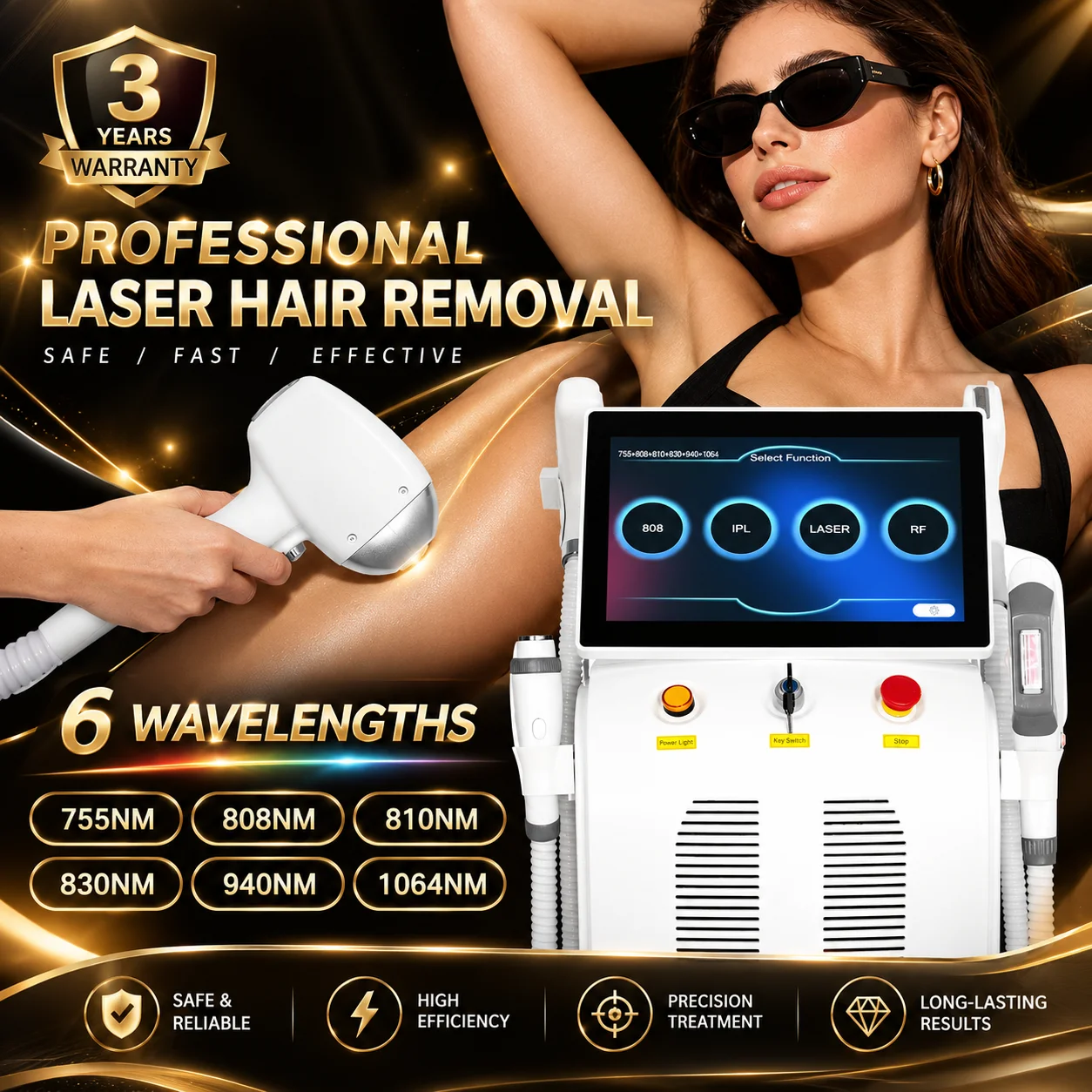 4in1 Soprano FAC Titanium Ice Platinum RF Diode 755 808 940 1064nm 4 Wave  ND:YAG Machine Painless Hair Removal Machine