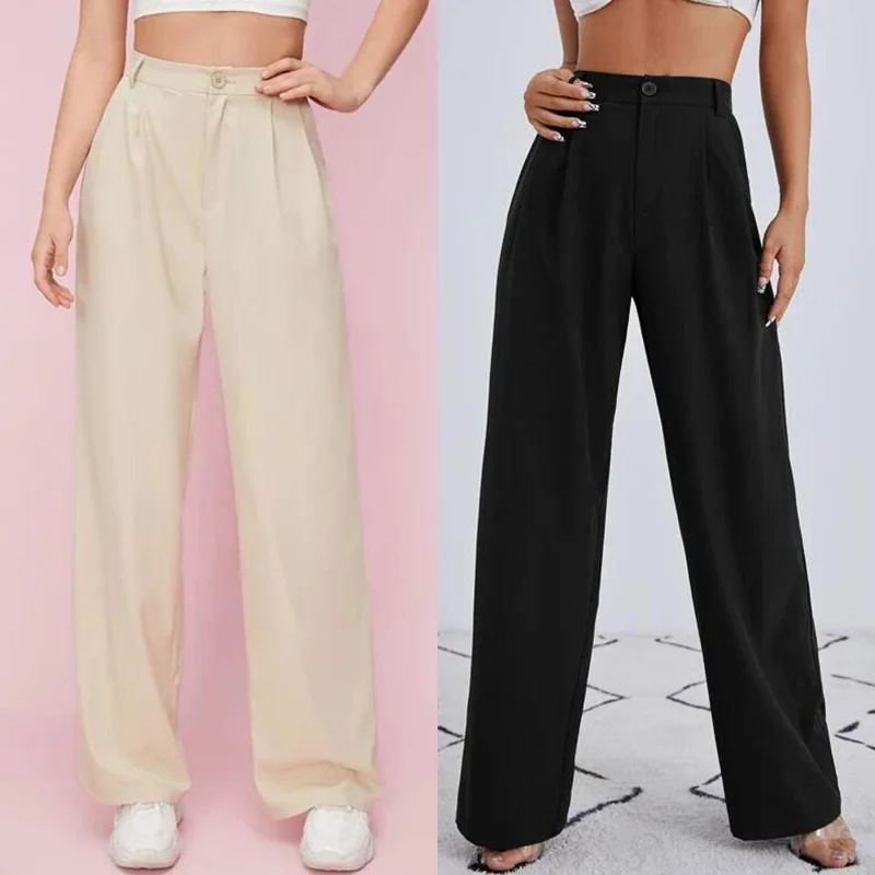 

Women Chic Fashion Office Wear Straight Pants High Waist Zipper Solid Color Female Trousers Loose Full Length Vintage Wide Pants