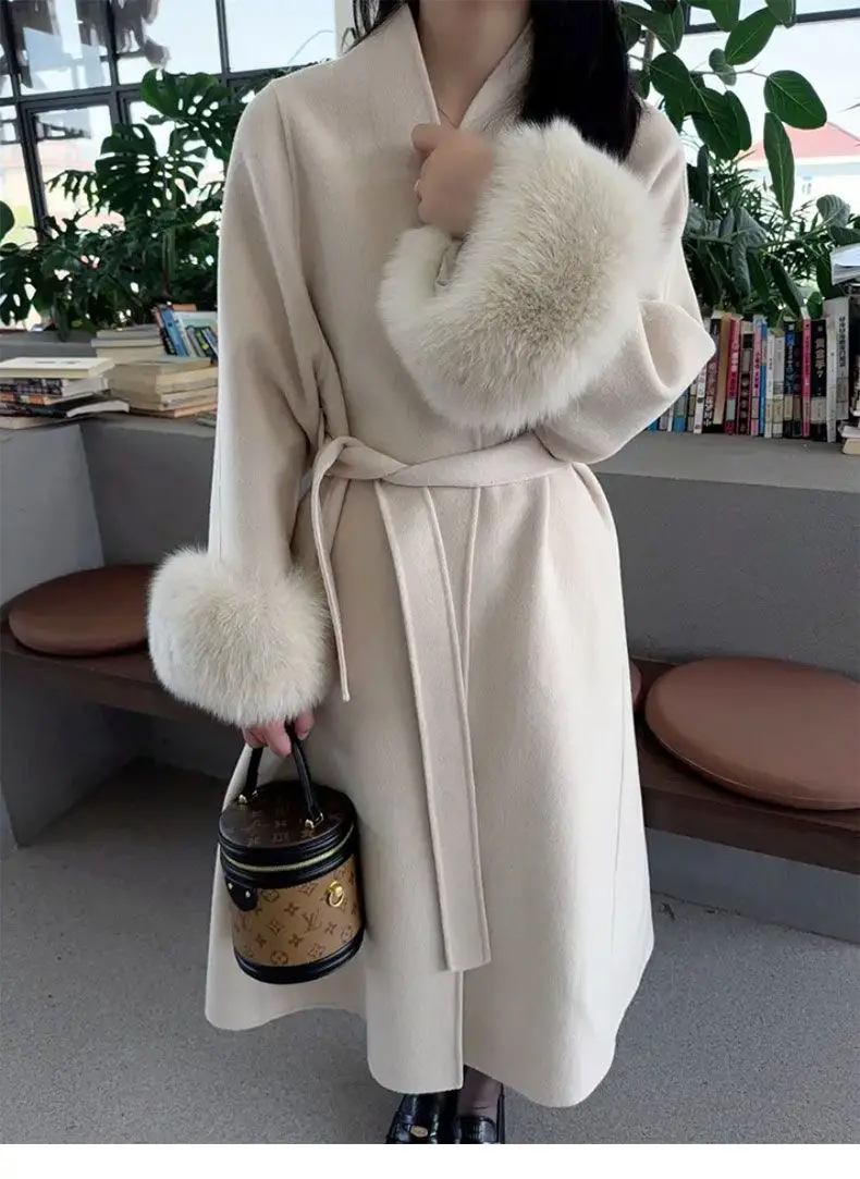 Women's Fur Woolen Coat for Autumn Winter New High-end Stylish Fur Sleeves Medium Long Woolen Coat Loose Over the Knee jacket