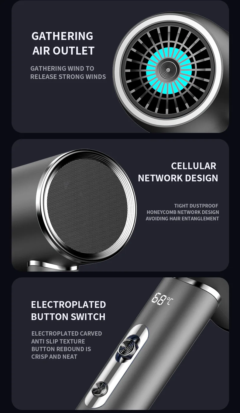 High-speed Hair Dryer 2400W High-power Silent Hair Dryer Household Appliances Negative Ion Hair Care Corrugated Wire Heating