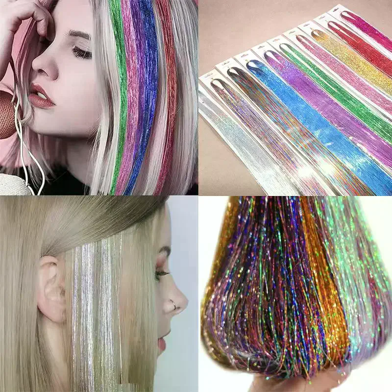 Shiny Hair Tinsel 90cm Rainbow Women Colorful Glitter Bling Hair Extension Twinkle Hair Dazzles Accessories For Braiding