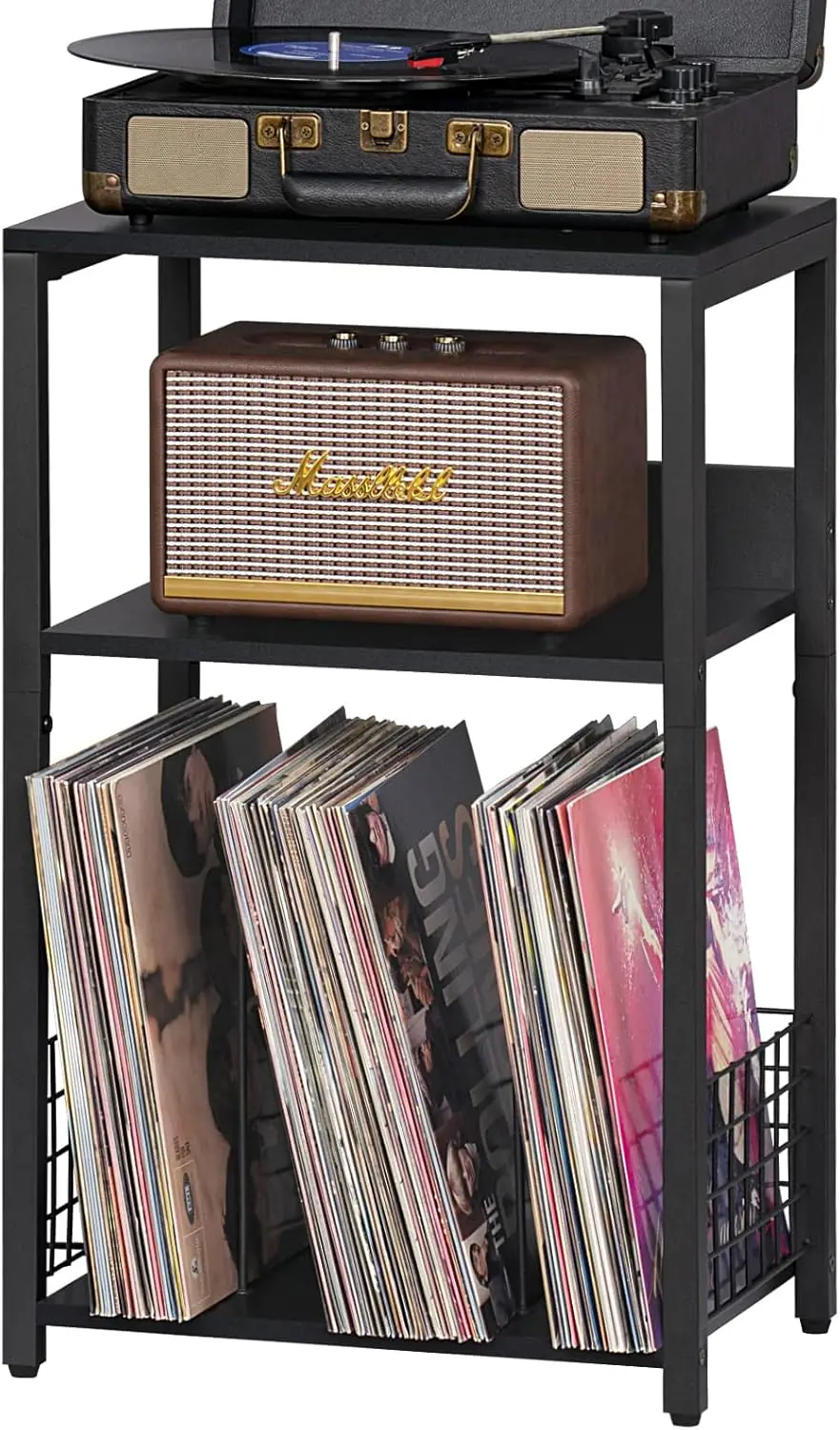 

Современный черный приставной столик с металлическим каркасом, 3-уровневая полка для хранения пластинок, гостиная, спальня, офисная тумбочка