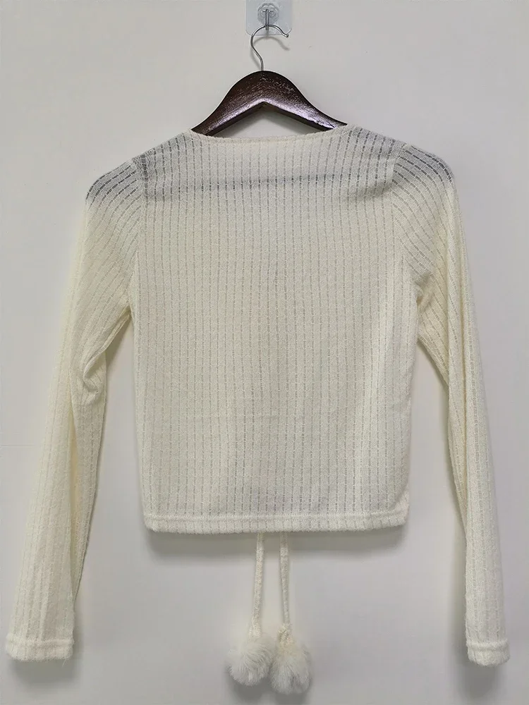 T-shirt à manches longues à lacets pour femmes, t-shirts mignons pour adolescents, haut élégant, mince, dentelle, coréen, doux, preppy, Kawaii