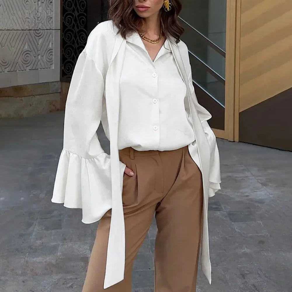 

2025 Fashionable Solid Color Spliced Button Loose Blouses for Women Lapel Long Sleeve Temperament Elegant Comfort Shirt Female