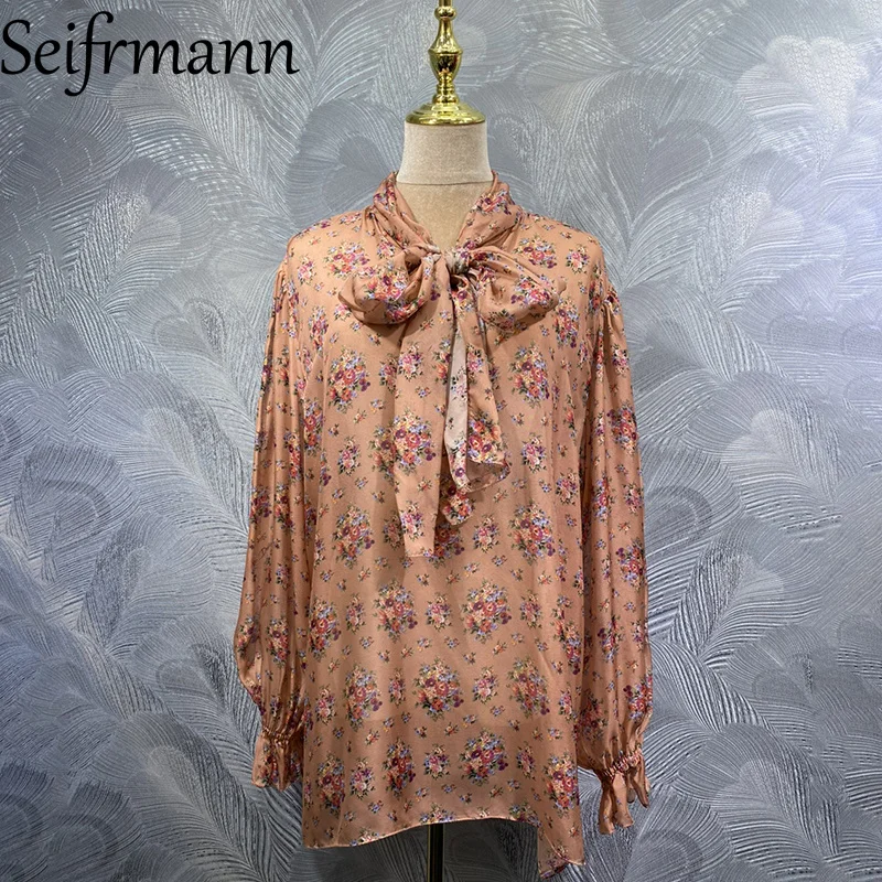 

Seifrmann 2026 Весенняя женская новая коллекция: Модный повседневный топ с воротником-стойкой, длинным рукавом и шелковым принтом