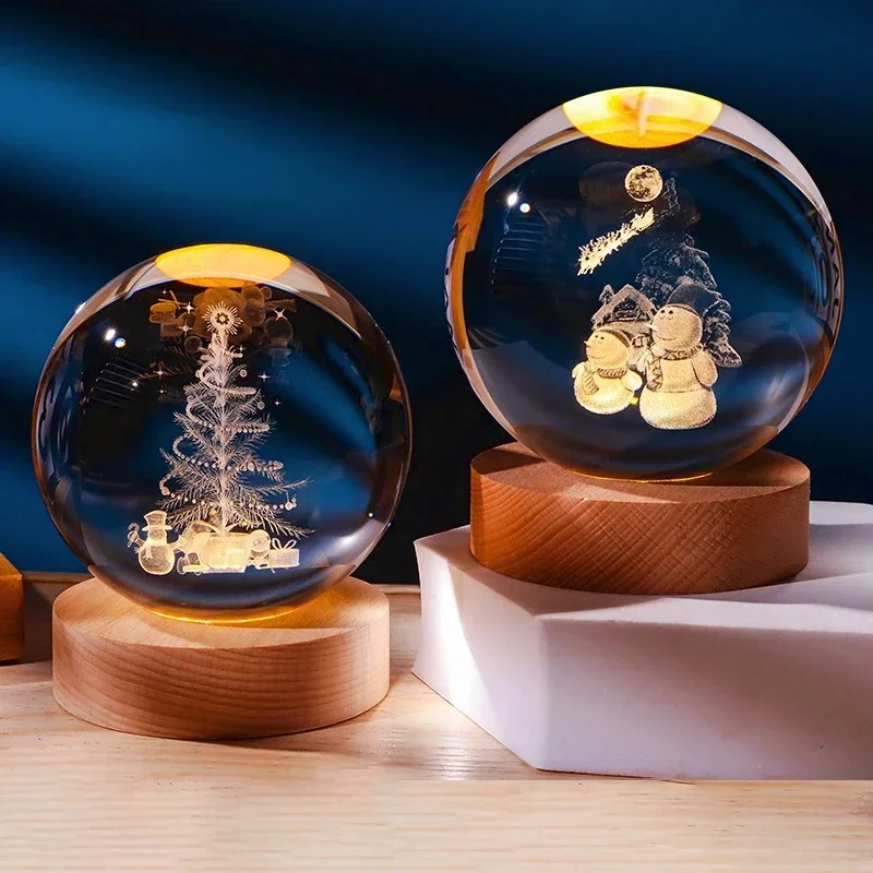 6/8cm 3D Xmas Crystal Ball USB LED Night Light with Wooden Base Santa Claus Elk Snowflake Christmas Birthday Gift Desktop Decor