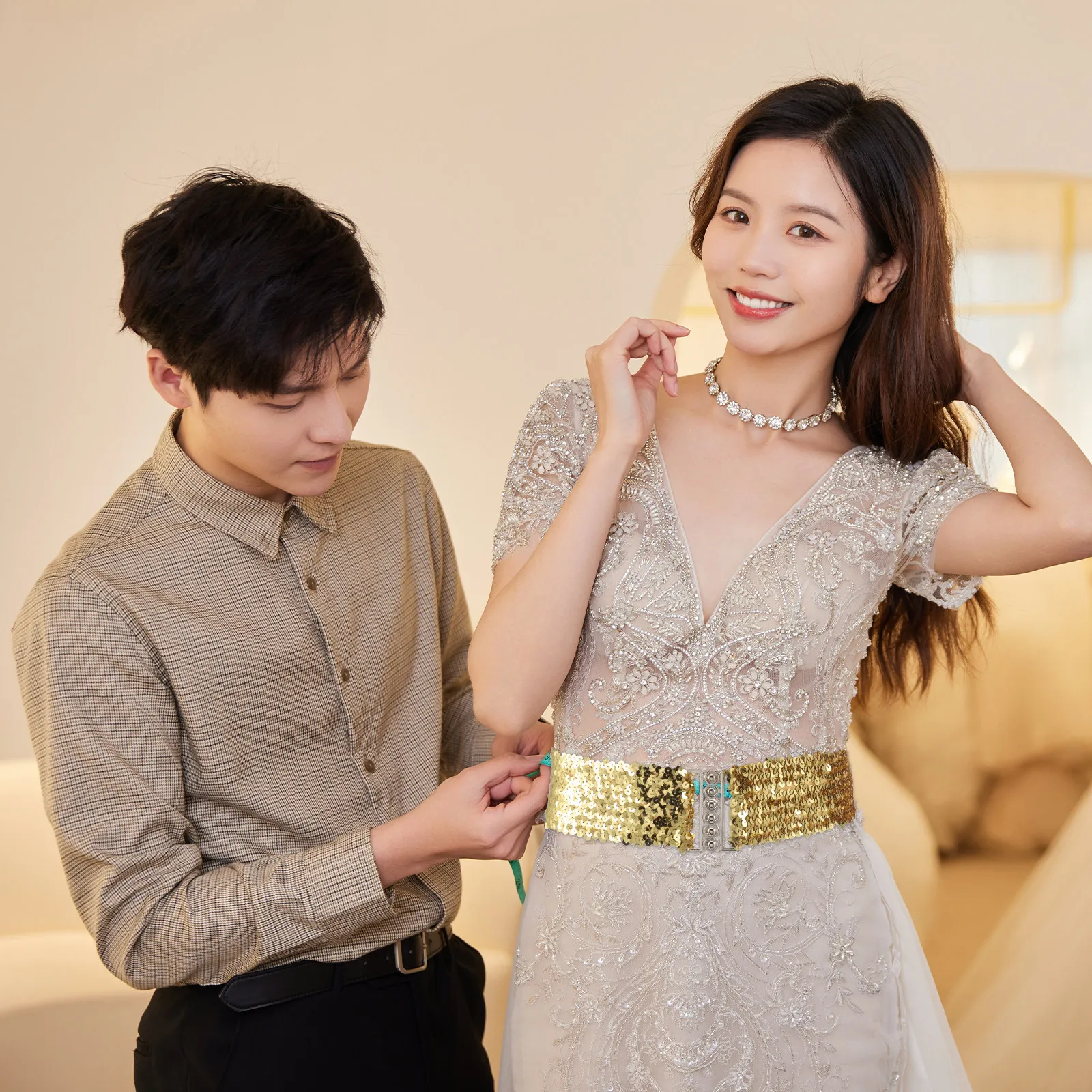 Cinturón Elástico Dorado con Lentejuelas, Cinturón Ancho Elástico Decorativo para Bodas, Fiestas, Ceremonias, Banquetes y Ocasiones Especiales