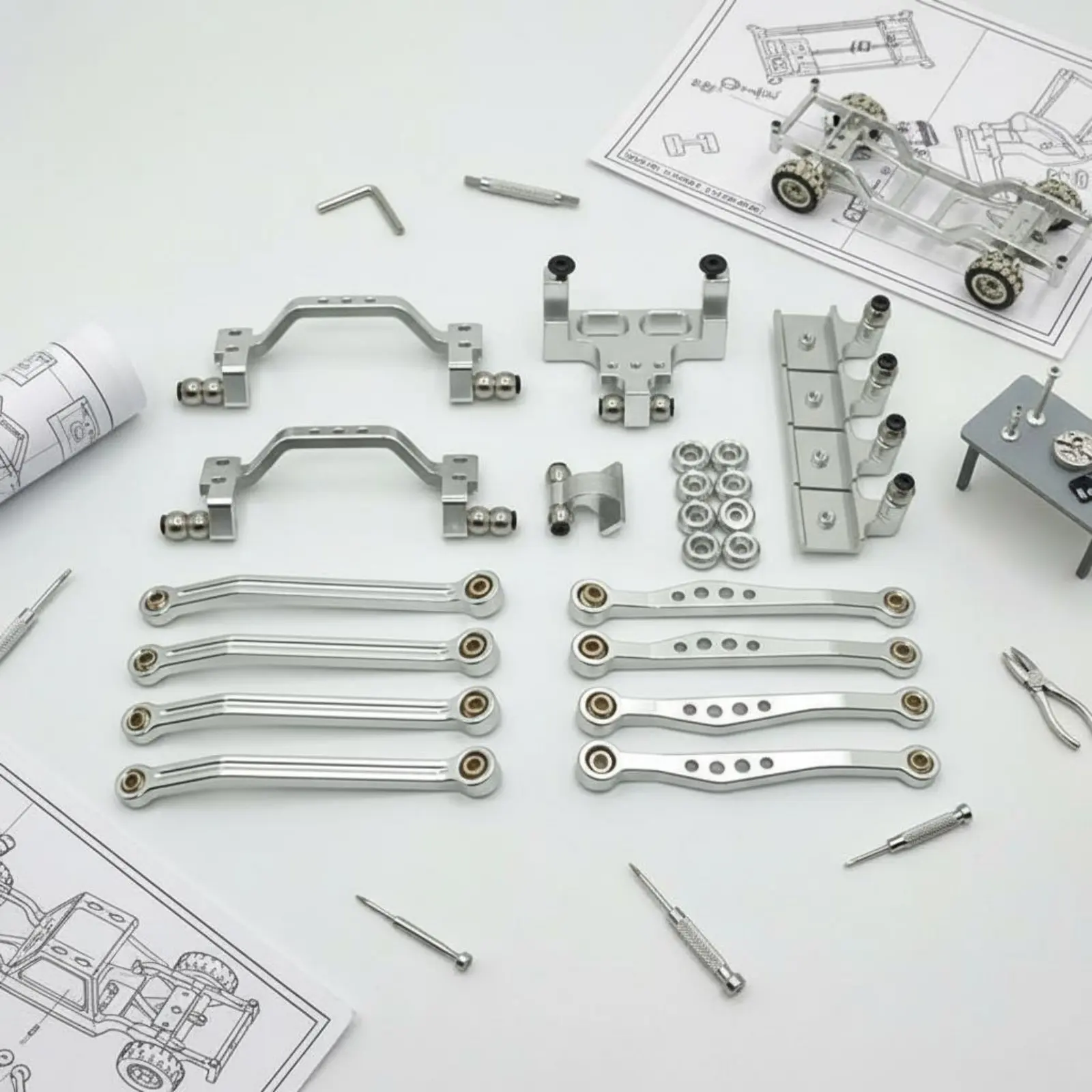 

Комплект металлических стоек для крепления сервоприводов и амортизаторов, точнокопированные металлические тяги подвески, металлические детали для радиоуправляемых моделей автомобилей масштаба 1/16