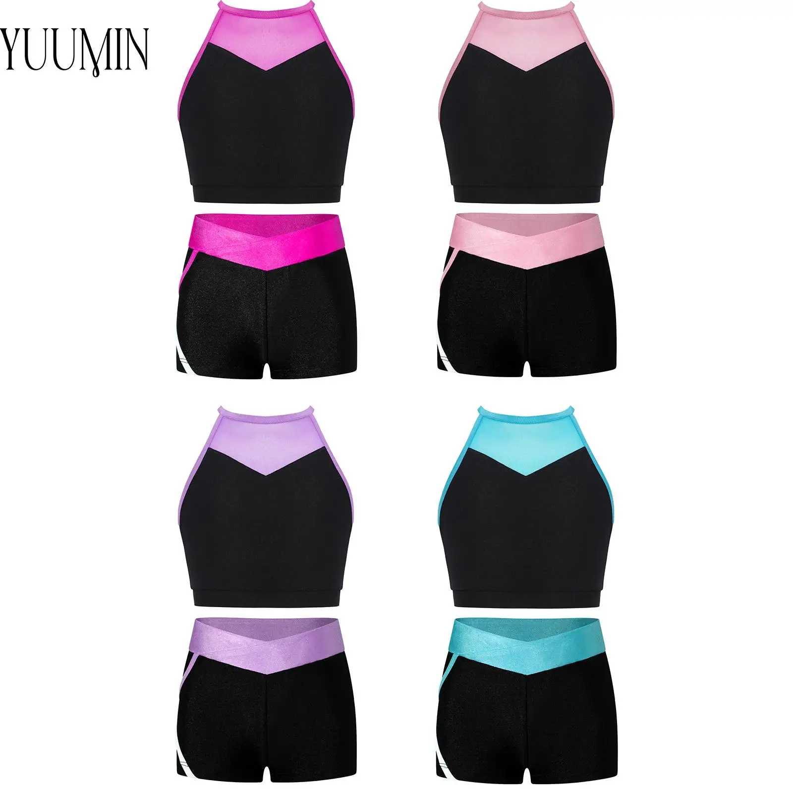 

Girls Color Block Sports Set Sheer Mesh Cutout Back Crop Top with Contrasting Shorts for Workout Exercise Yoga Running Cycling