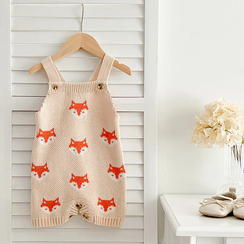 

2024 Newborn Baby Girls Knitted Sweater Rompers Children Cartoon Fox Print Suspender Bodysuit Toddlers Autumn Baby Kint Clothes