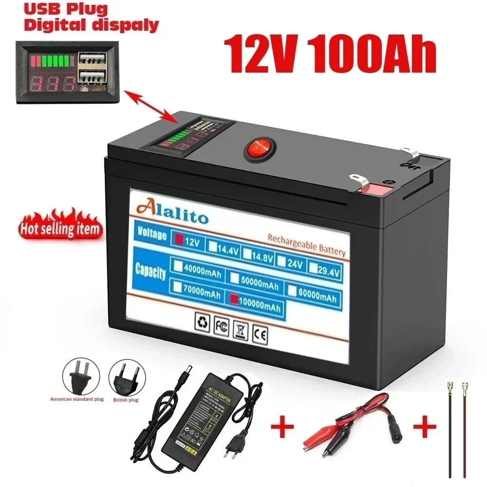 

2024 Upgraded 12V 100000mAh Portable Rechargeable Battery Built-in 5V 2.1A USB Power Display Charging Port with +12.6V Charger