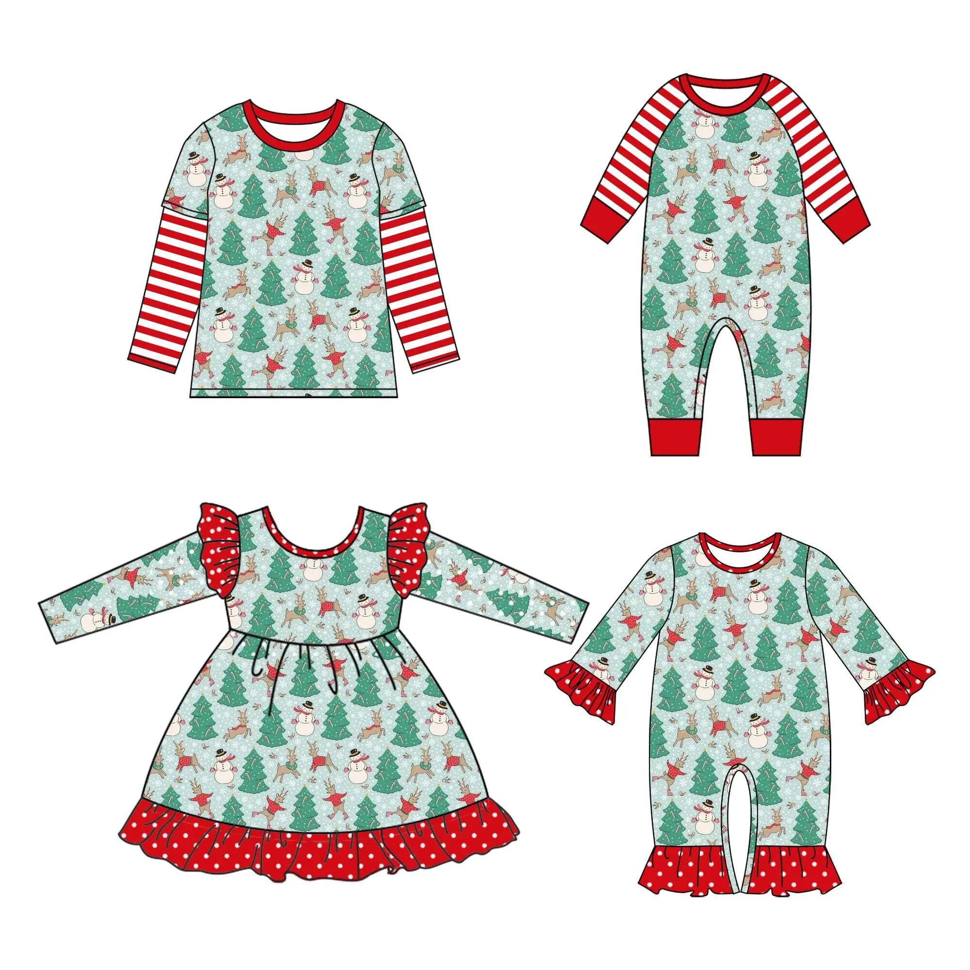 

Christmas boutique children's suit long sleeve polka dot lace snowman tree deer print girl dress baby jumpsuit boy top