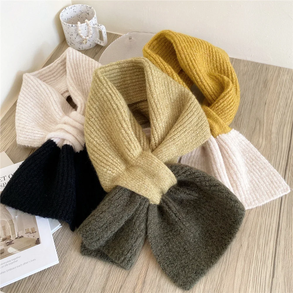 Women\'s Two-color Cross Scarf Muffler Long Autumn Winter Knitted Warm Shawl Decoration Student Fashion Couple Neckerchief Muffle