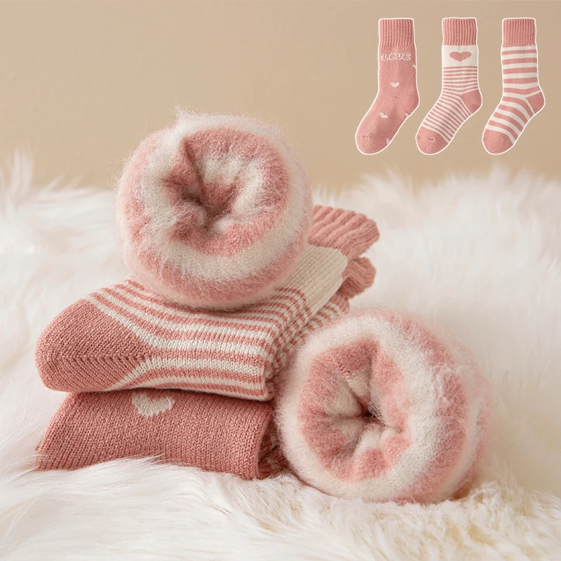 Girls' Thick Socks, Autumn and Winter Children's Thick and Velvet Middle Socks Love Warm Woolen Loop Socks 3-12Years