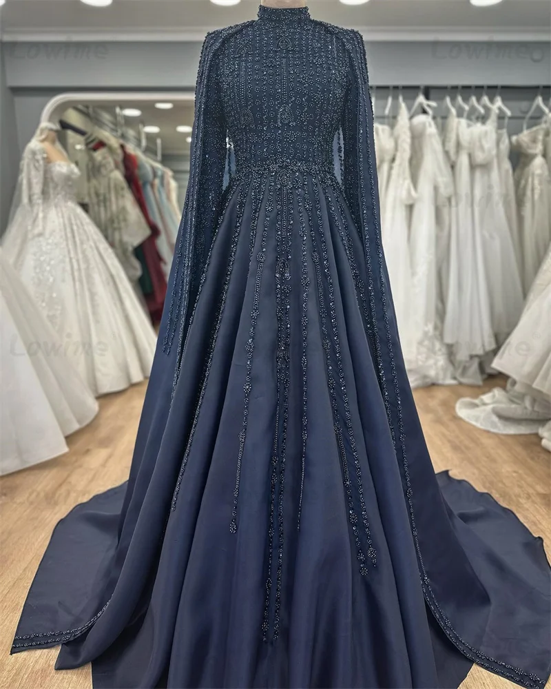 Vestidos De Noche Green Beaded Navy Blue Evening Dresses Dubai Arabic Prom Dress Cape Sleeves A Line Party Gowns Customized Robe