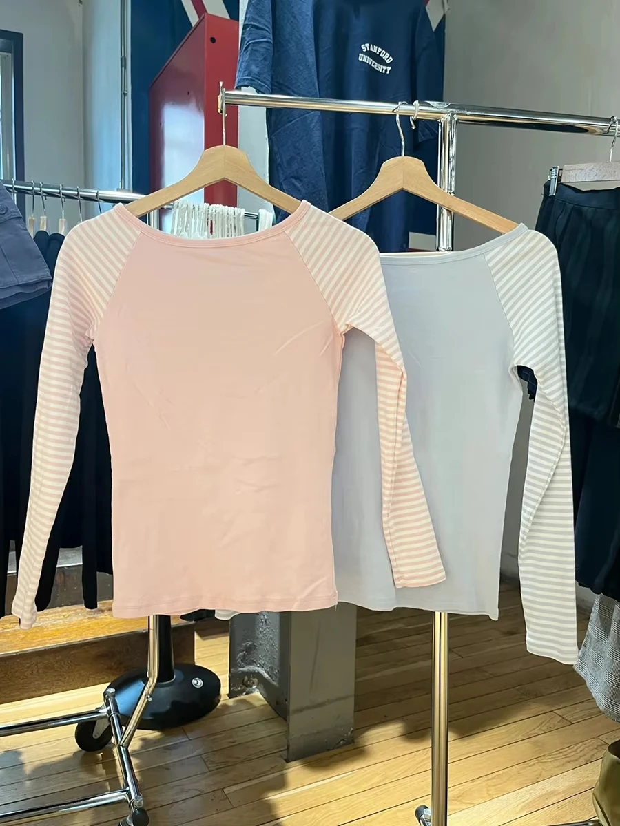 

Pink Patchwork Long Sleeve T-shirt Women Slash Neck Cotton Slim Tee Shirts Female Sweet Streetwear Vintage Tshirt Y2K Tops New