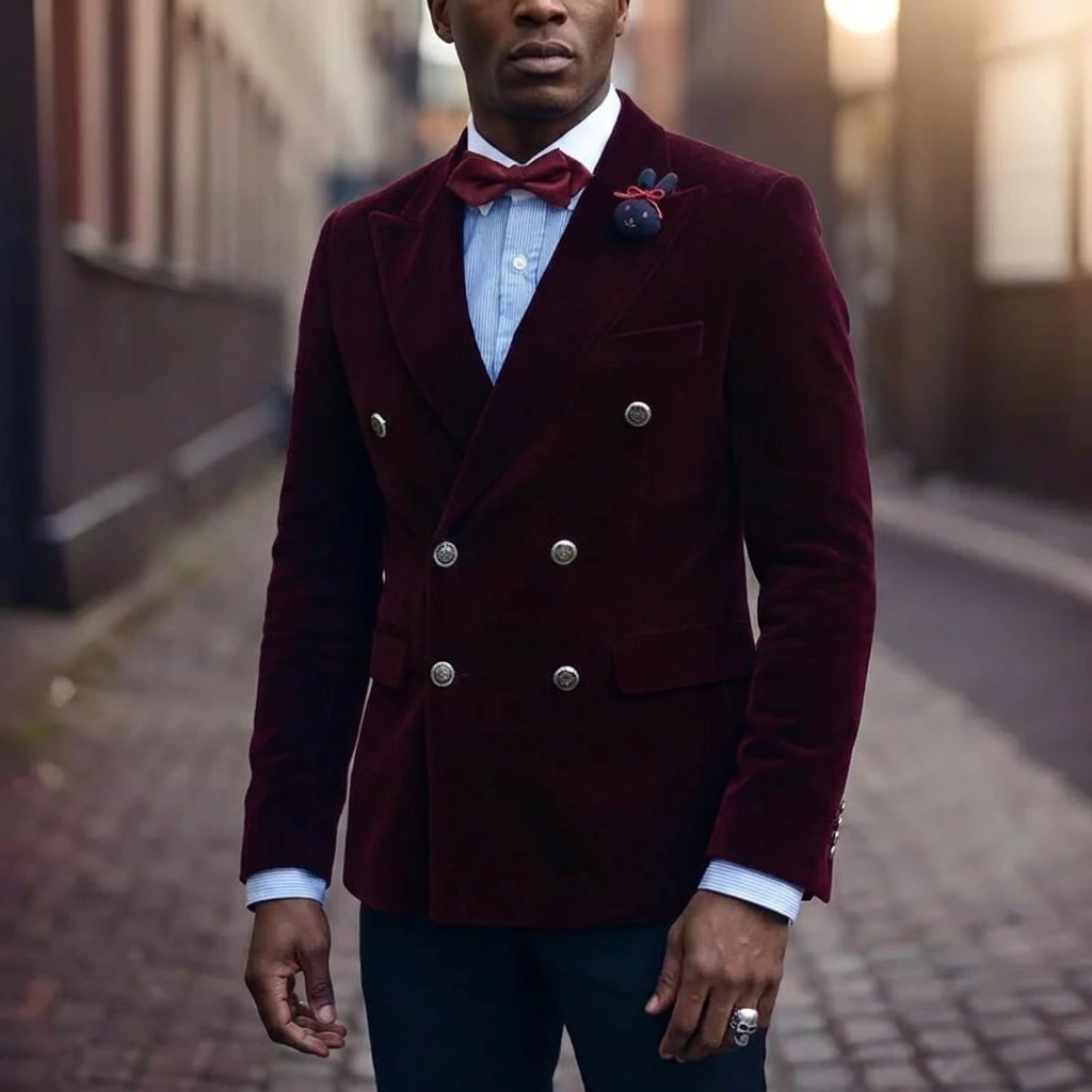 

Double Breasted Velvet Blazer for Men1 Piece Peak Lapel Male Fashion Slim Fit Male Suit Jacket for Prom Party Dinner
