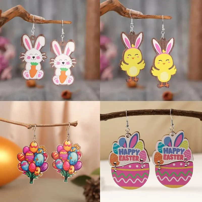 Fashion personality chick egg rabbit pattern wooden earrings Easter gifts for family and friends accessories