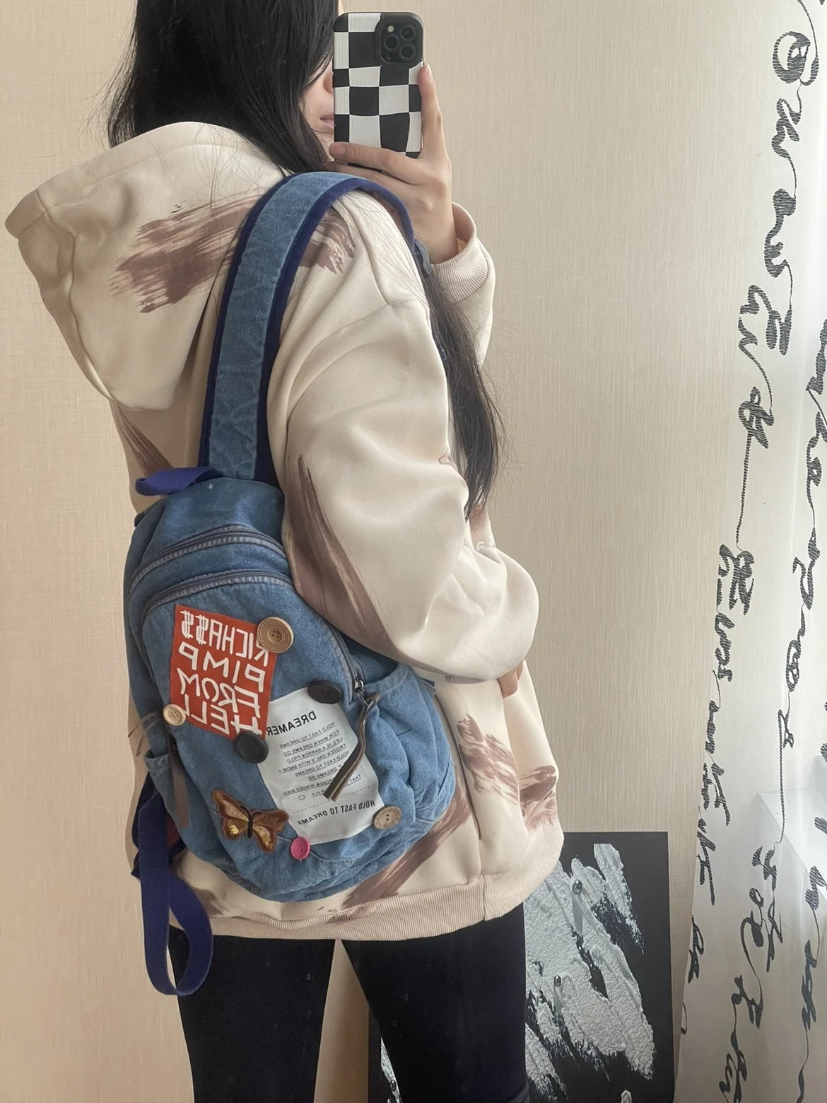 Original Handmade Diy Design With Letters, Cartoon Stickers, Denim Backpacks, Casual And Versatile Student Backpacks For Classes