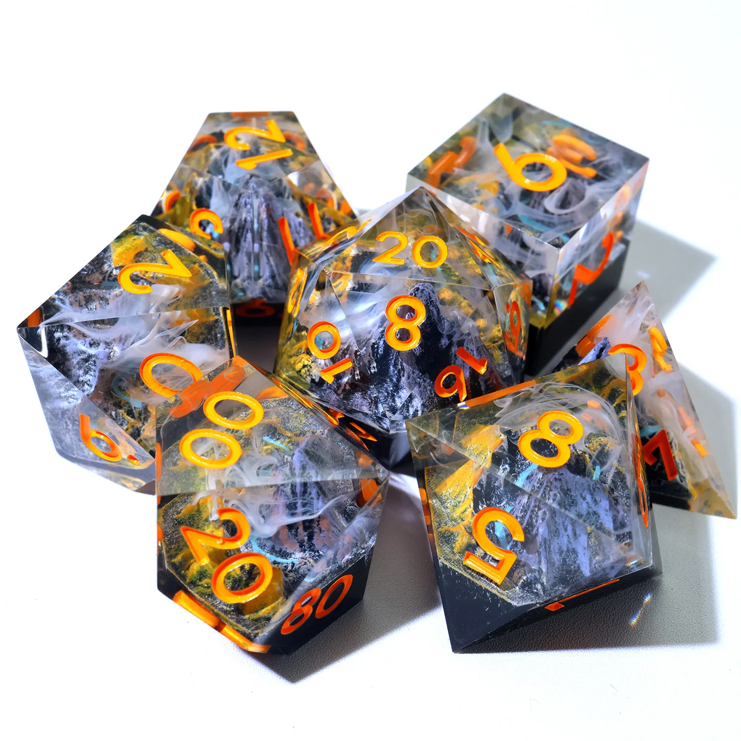 

Dragon's Lair Sharp Edge Resin Dice Set,Volcanic Smoke & Rock Design,7pcs Polyhedral Role Playing Dice for DND-M Yellow