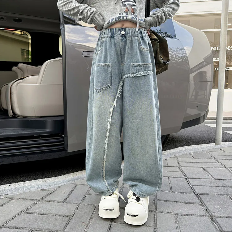 

Брюки для молодых девушек, осенние корейские модные лоскутные прямые джинсы для девочек-подростков, однотонные брюки с эластичной резинкой на талии для школьниц