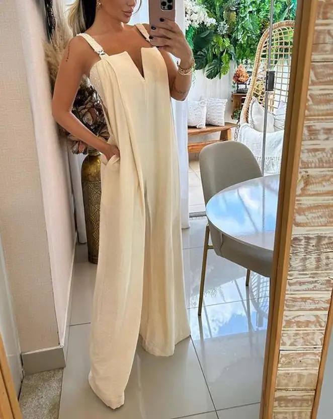 

Elegant Overall for Women 2024 Summer Thick Straps Sleeveless Pocket Design Wide Leg Asymmetrical Neck Loose Wide Leg Jumpsuit