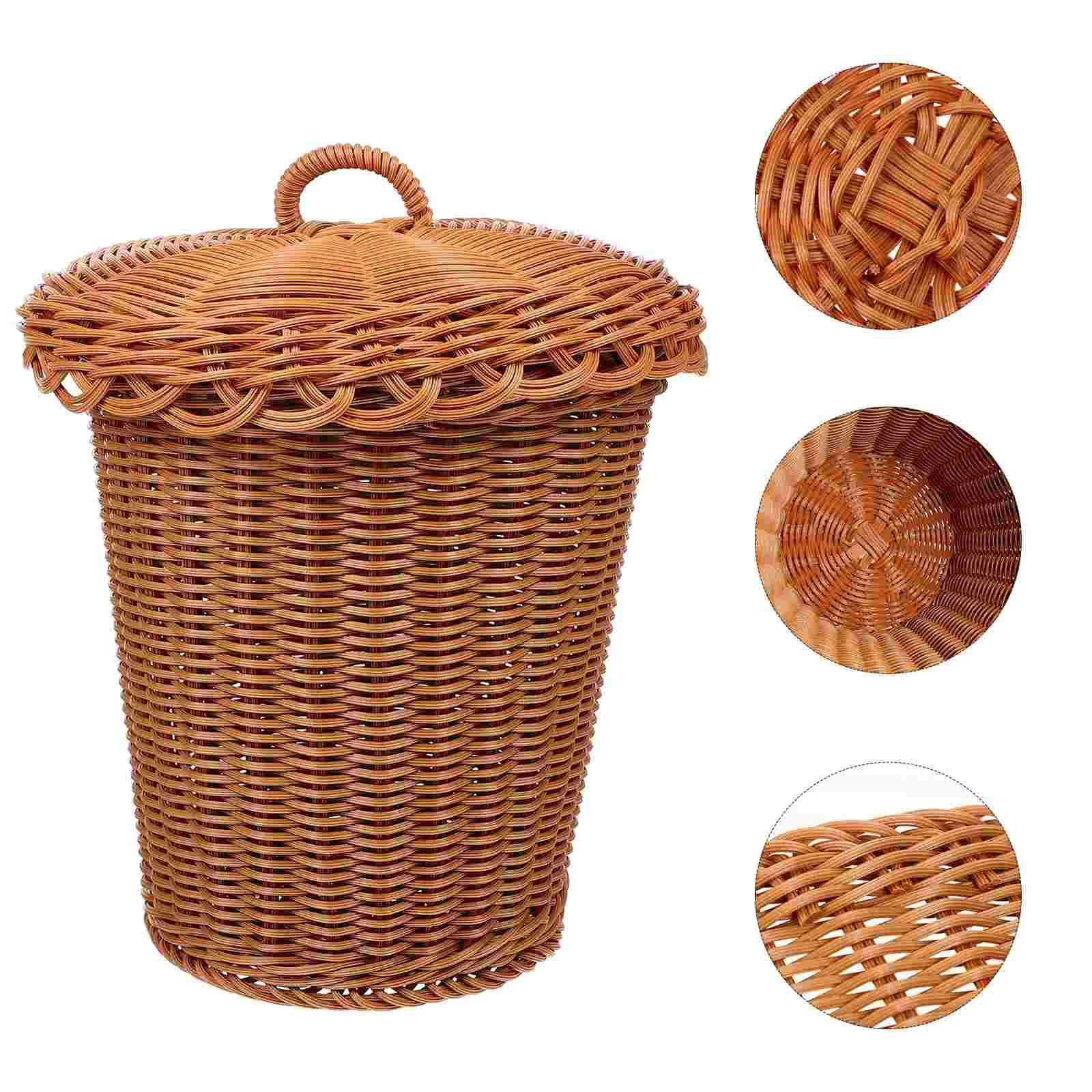 

Basket Woven Trash Can Office with Lid Outdoor Imitation Rattan Garbage Bin Holder