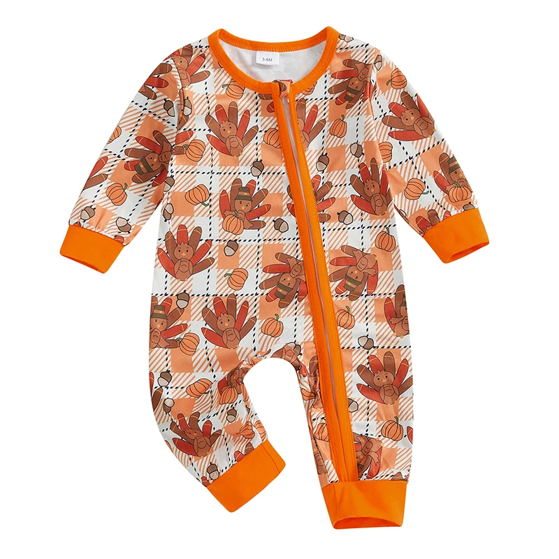 

Baby Thanksgiving Romper Turkey Print Contrast Color Checkered Long Sleeve Fall Jumpsuits