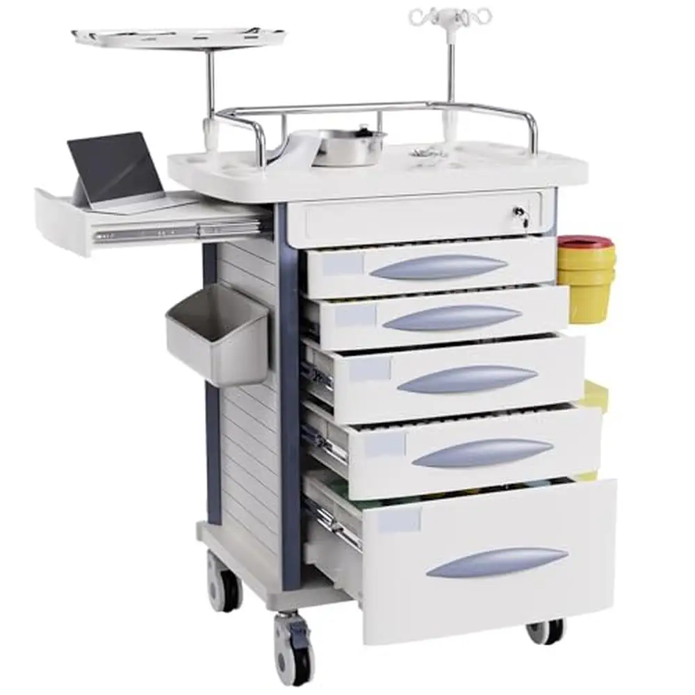 

Medical Rolling Crash Cart with CPR Board IV Pole O2 Holder Trash Bin and Dividers Mobile Medical Cart with Wheels and Spacious