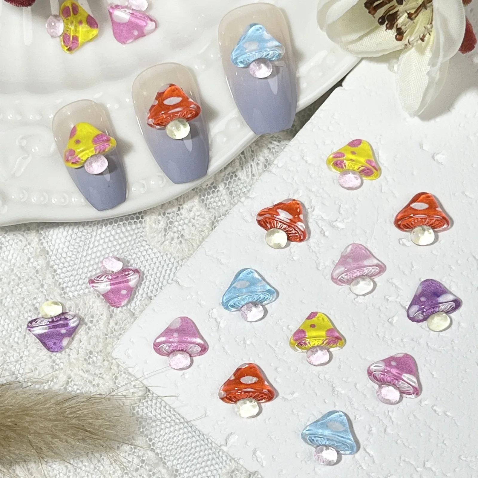 20pcs miniso mushroom cartoon nail charms for diy nail making cute mini resin flatback nail art decoreation