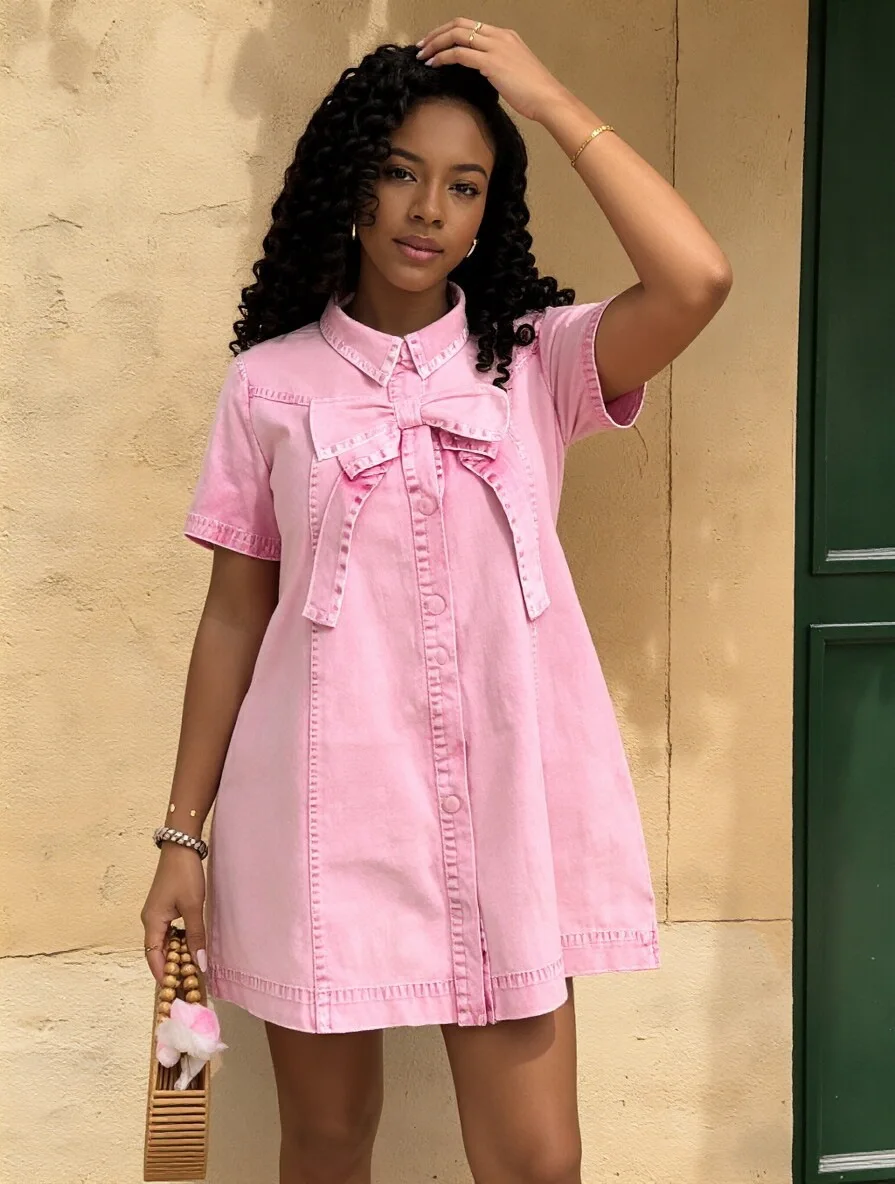 

Summer Bow Detail Age Reducing Dress Loose Short Sleeve A-Line Mini Skirt Sweet Casual Daily Vacation Wear