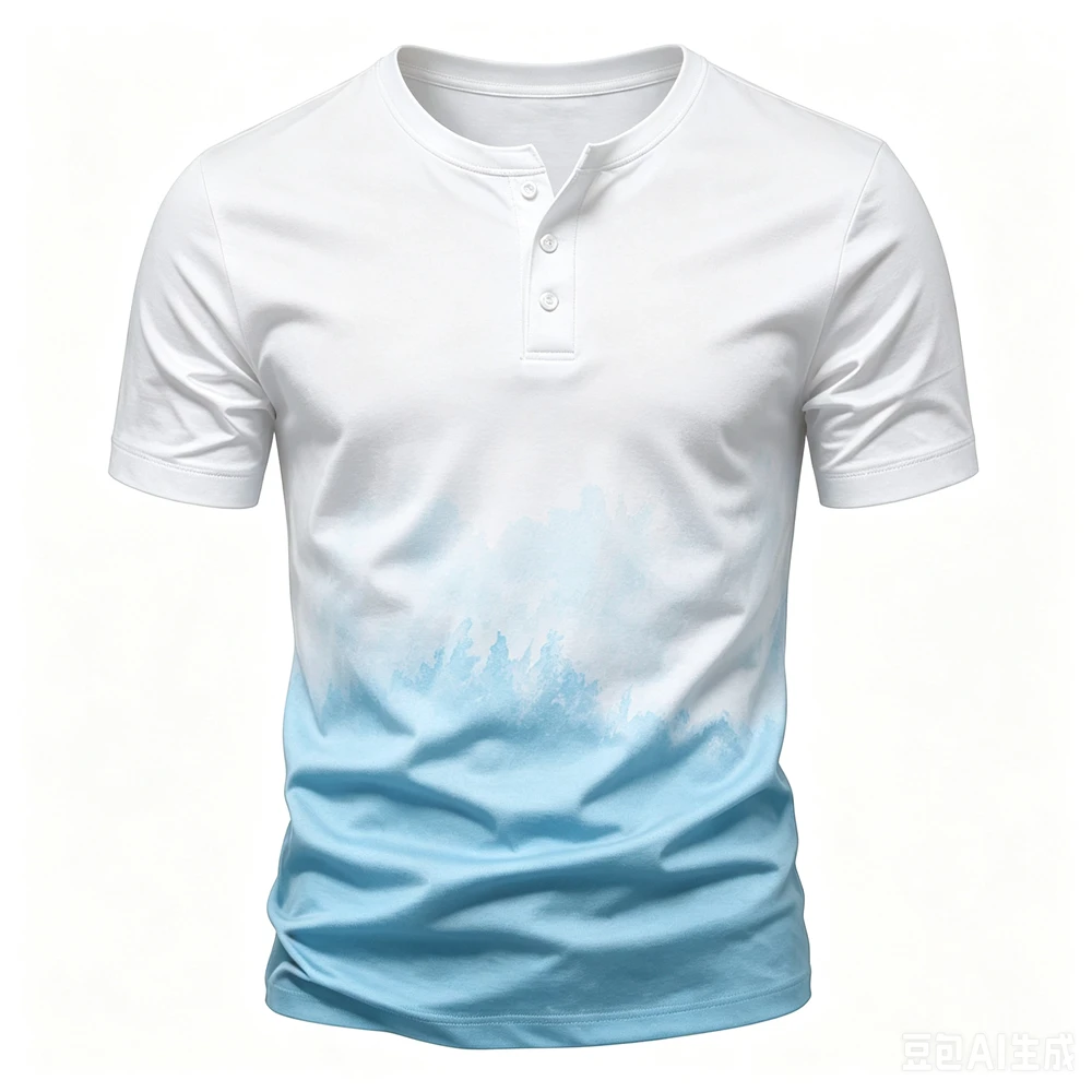 Camiseta divertida con estampado de bloques de color para hombre, camiseta con cuello Henry a la moda, camisetas de manga corta de verano, jersey informal holgado ﻿