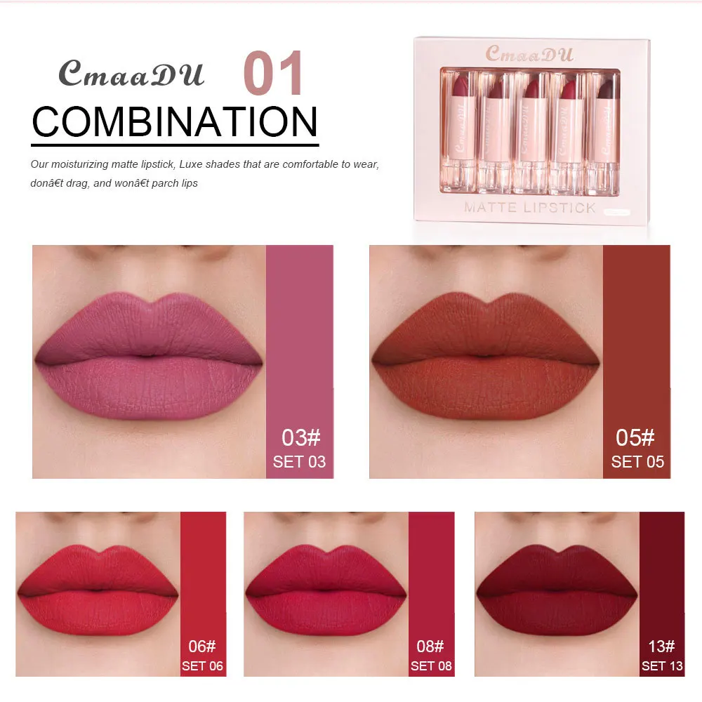 CmaaDu 5pcs Lipstick Set Lip Gloss Matte velvet Moisturizing, hydrating, comfortable, silky, easy to color, full of color