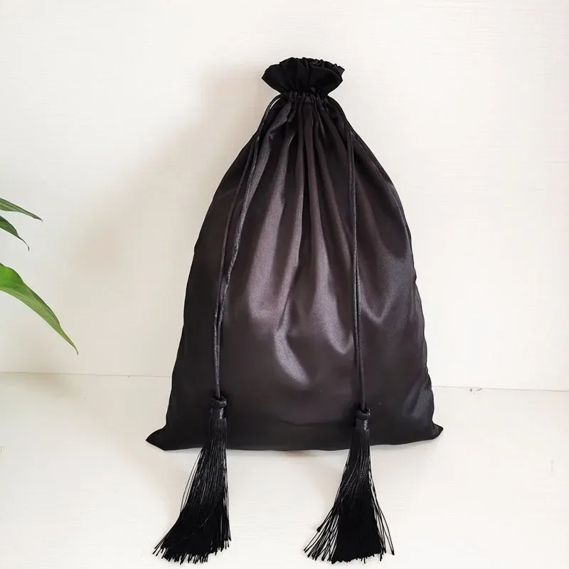 20P  30x40cm Custom Logo Luxury Silk Satin Drawstring Bag with Tassels Hair Extensions Bundles Wigs Makeup Gift Packaging Bags