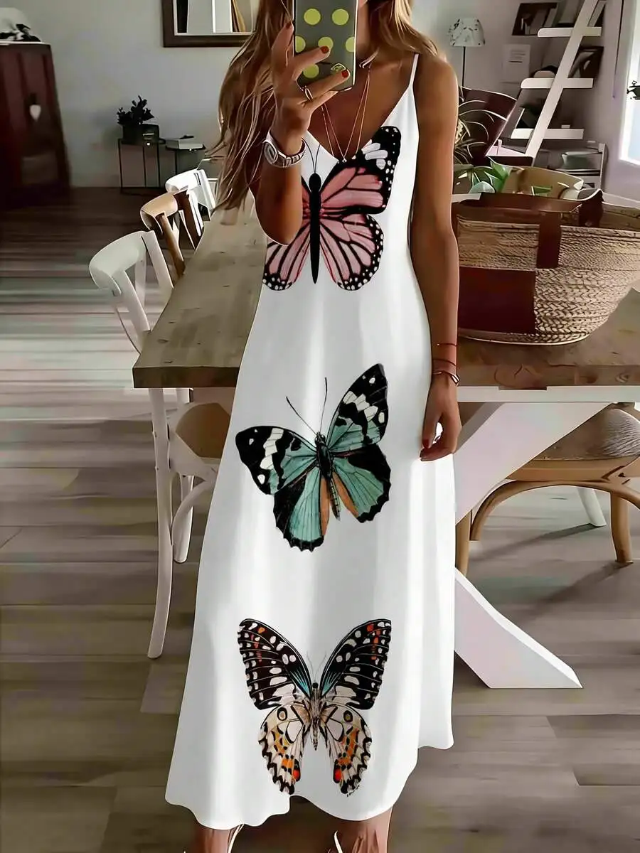 

Butterfly Print Sleeveless Maxi Dress Women Summer Beach Casual Flowy Long Dress