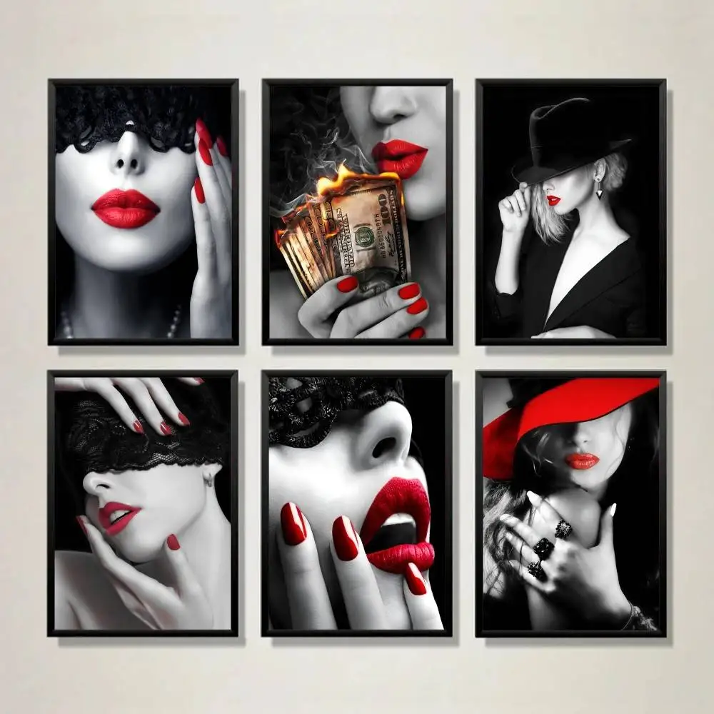 Black White Red Lip Fashion Woman Poster Glam Lady Portrait Wall Art for Bar Beauty Salon Bedroom Home Decor Unframed Print
