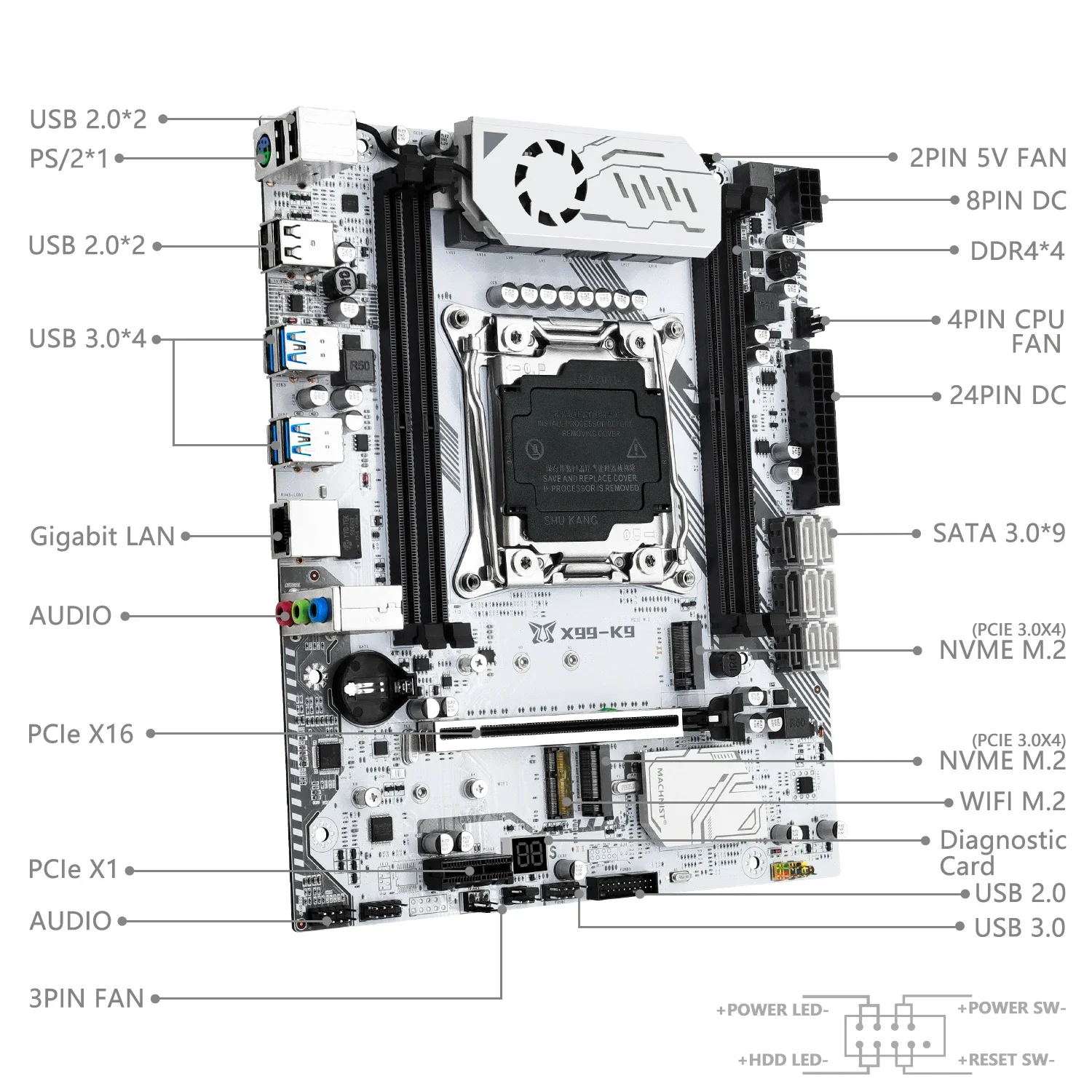 Imagem -04 - Machinist-motherboard Combo Kit X99 k9 Lga20113 Xeon e5 2690 v3 Cpu Ddr4 Ram 16gb x Memória 2400mhz Quatro Canais Nvme Usb 30