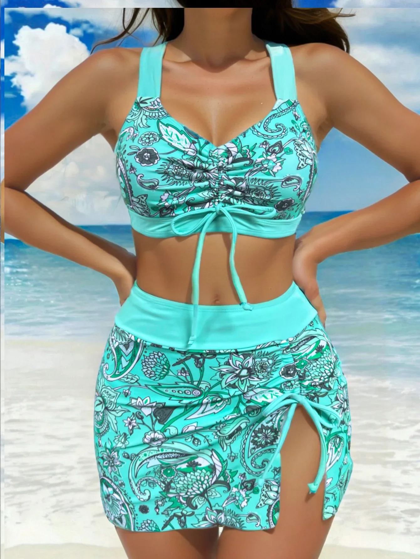Set tankini con stampa floreale vintage Gonna a pieghe sul davanti da donna Costume da bagno 3 pezzi 2025 Costume da bagno a vita alta Costumi da bagno di grandi dimensioni XXXL